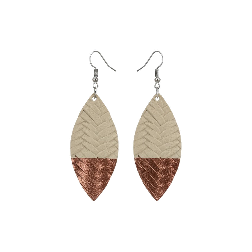 Desert Sand and Copper Braided Leaf Leather Earrings