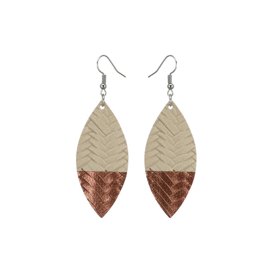 Desert Sand and Copper Braided Leaf Leather Earrings