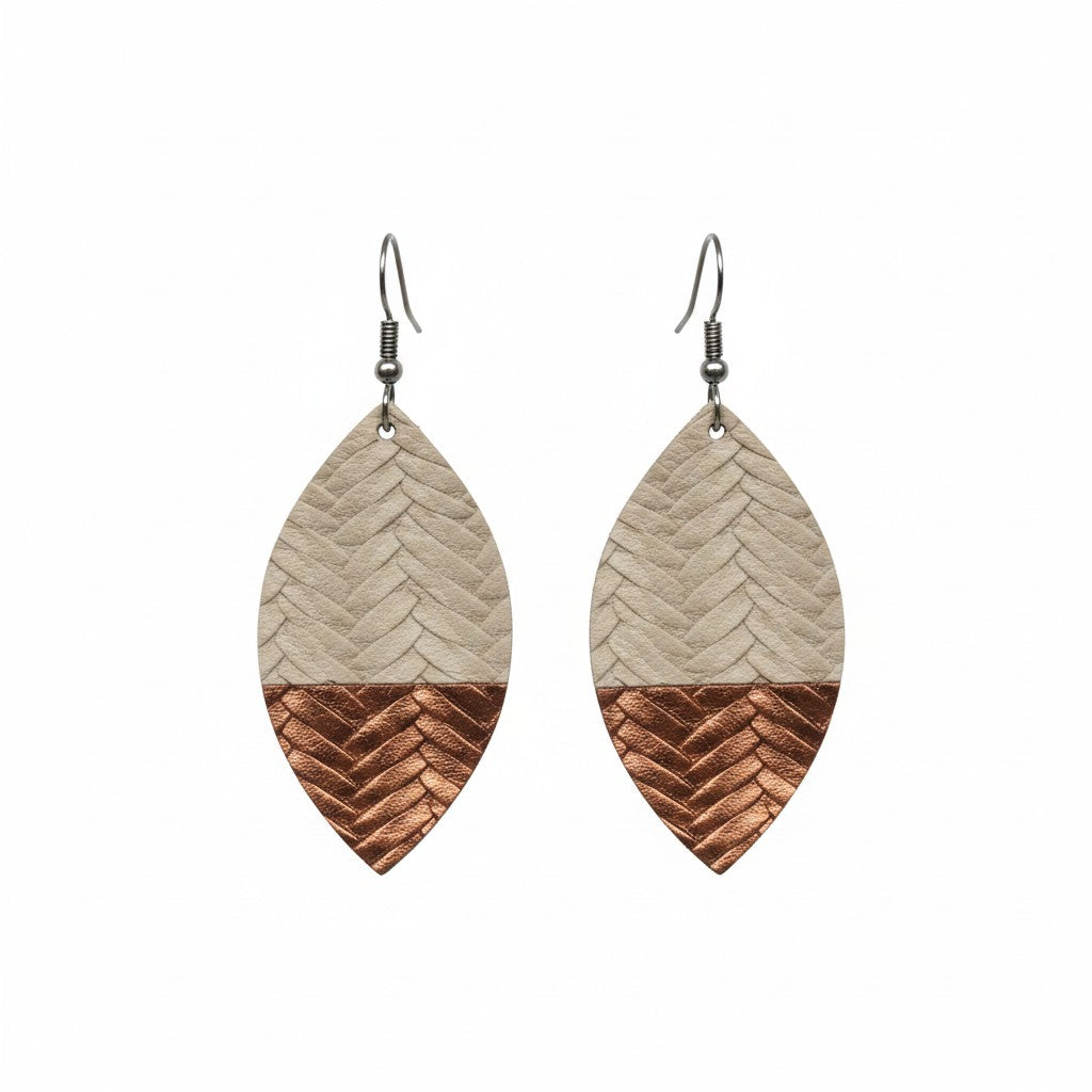 Stonewash and Copper Braided Leaf Leather Earrings