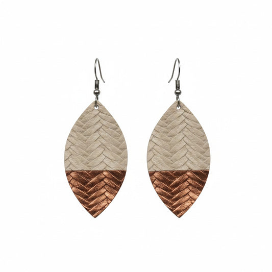 Stonewash and Copper Braided Leaf Leather Earrings