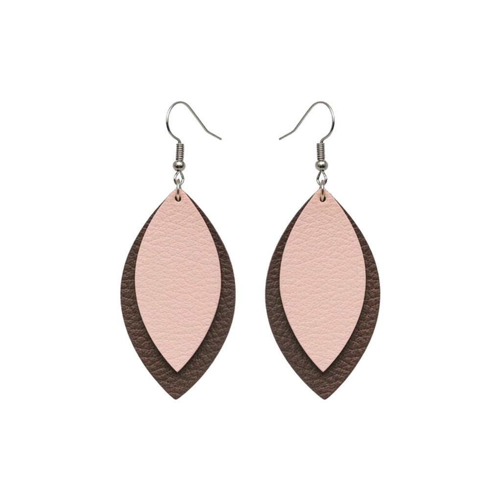 Brown and Pink Lemonade Layered Leaf Leather Earrings