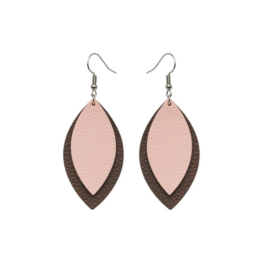 Brown and Pink Lemonade Layered Leaf Leather Earrings
