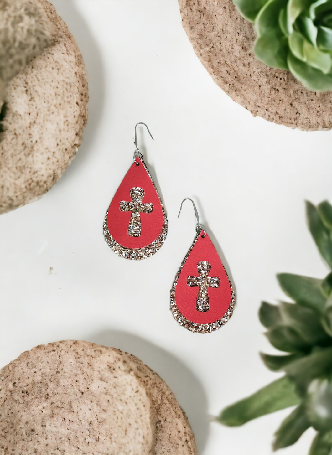 Coral Genuine Leather and Chunky Glitter Cross Earrings - E19-752