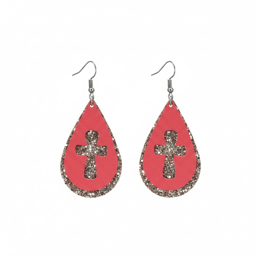Coral Faith Spark Cross Earrings
