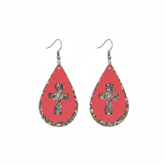 Coral Faith Spark Cross Earrings