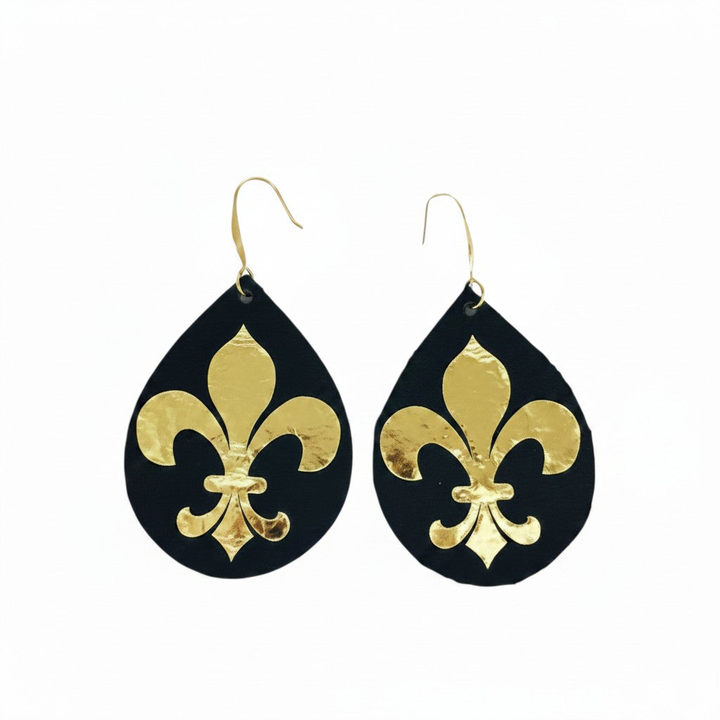 Black & Gold Fleur De Lis Statement Leather Earrings
