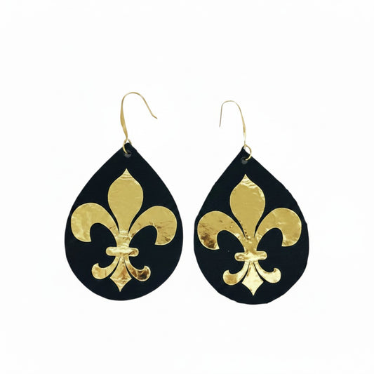 Black & Gold Fleur De Lis Statement Leather Earrings