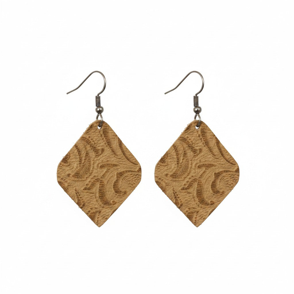 Metallic Gold Floral Diamond Leather Earrings