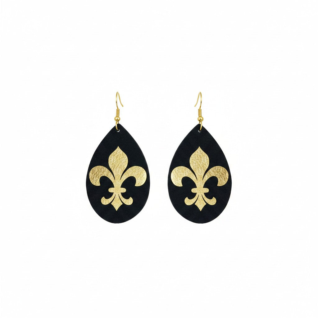 Black & Gold Fleur De Lis Teardrop Leather Earrings