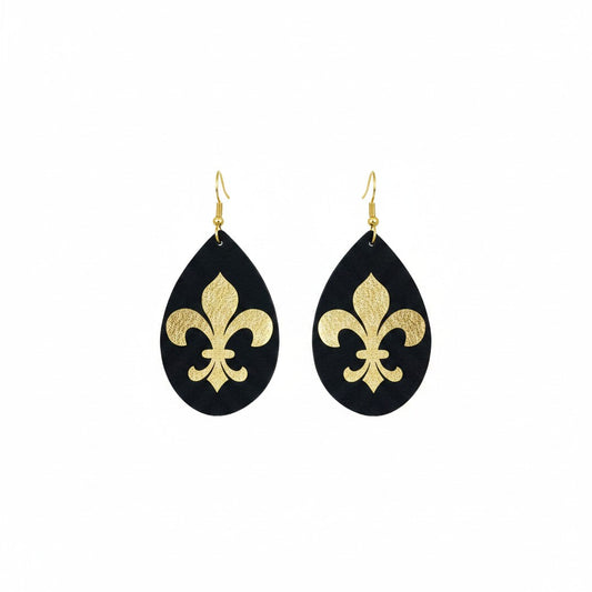 Black & Gold Fleur De Lis Teardrop Leather Earrings