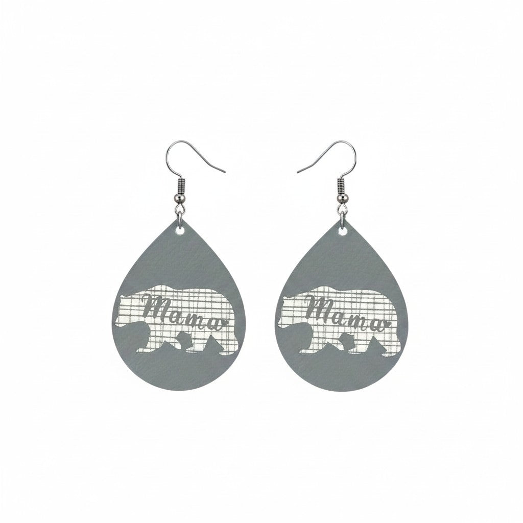 Gray Mama Bear Teardrop Leather Earrings