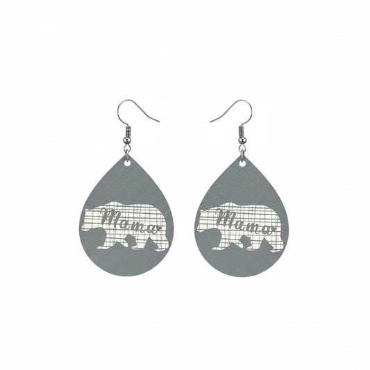 Gray Mama Bear Teardrop Leather Earrings