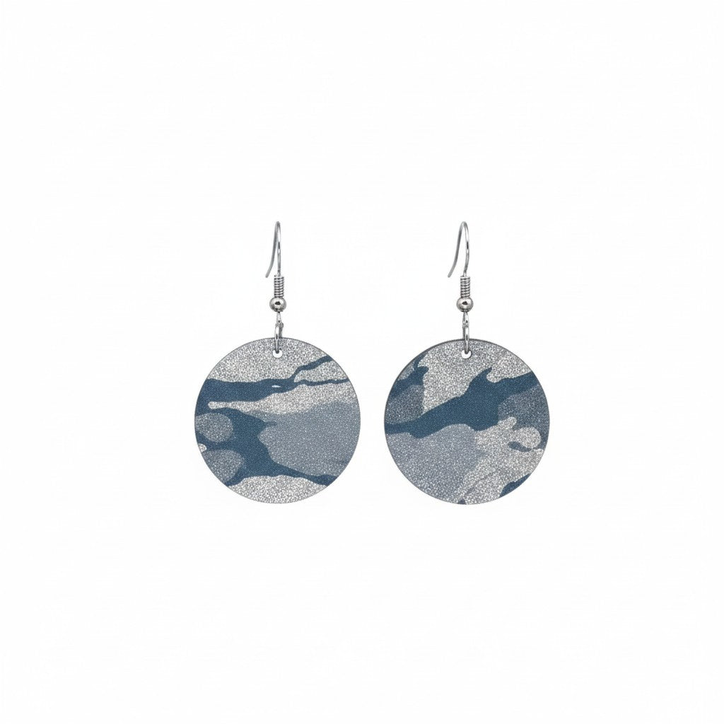 Denim Metallic Camo Circle Leather Earrings