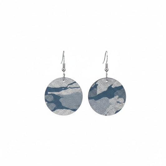 Denim Metallic Camo Circle Leather Earrings