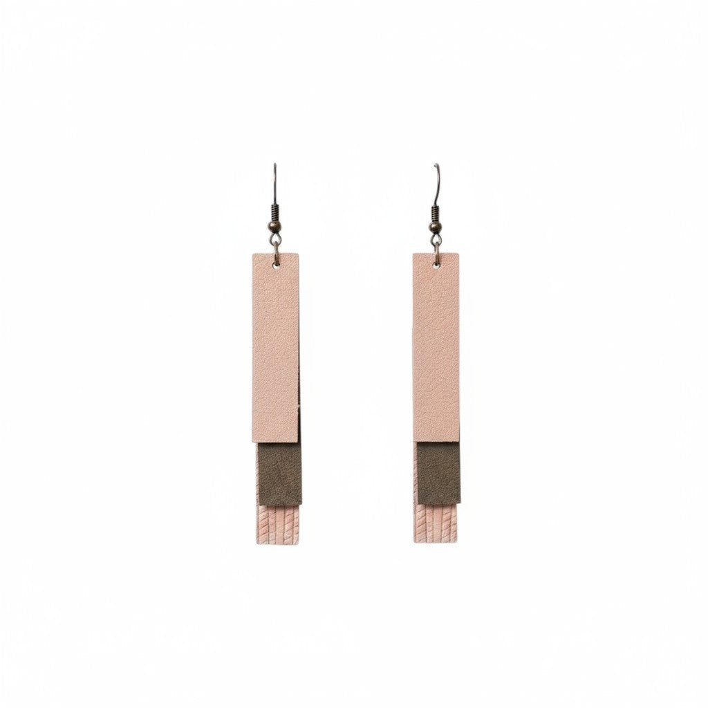 Pink Gray and Silver Layered Bar Leather Earrings