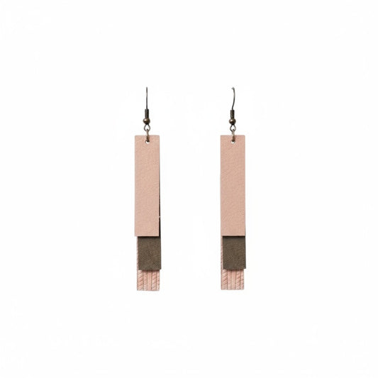 Pink Gray and Silver Layered Bar Leather Earrings