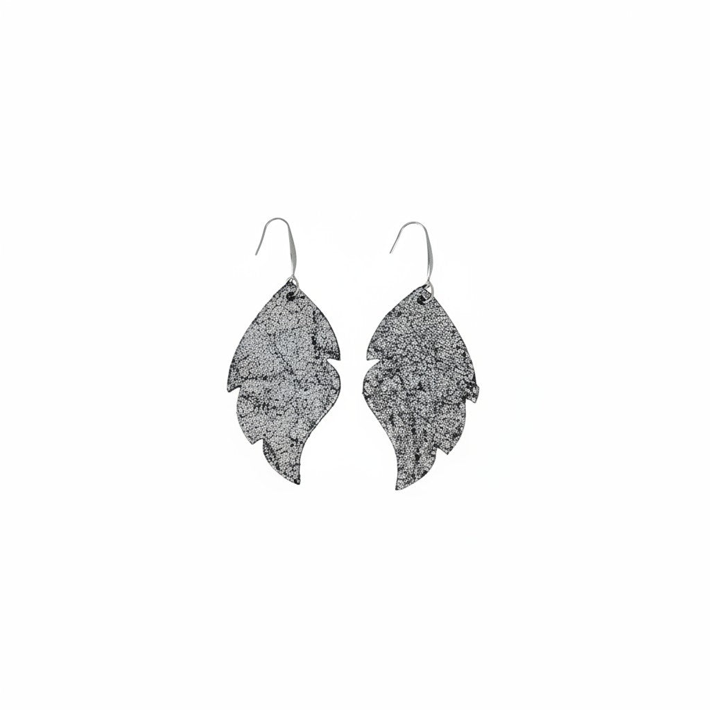 Silver Crackle Feather Leather Earrings