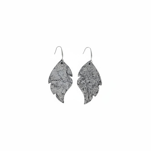 Silver Crackle Feather Leather Earrings