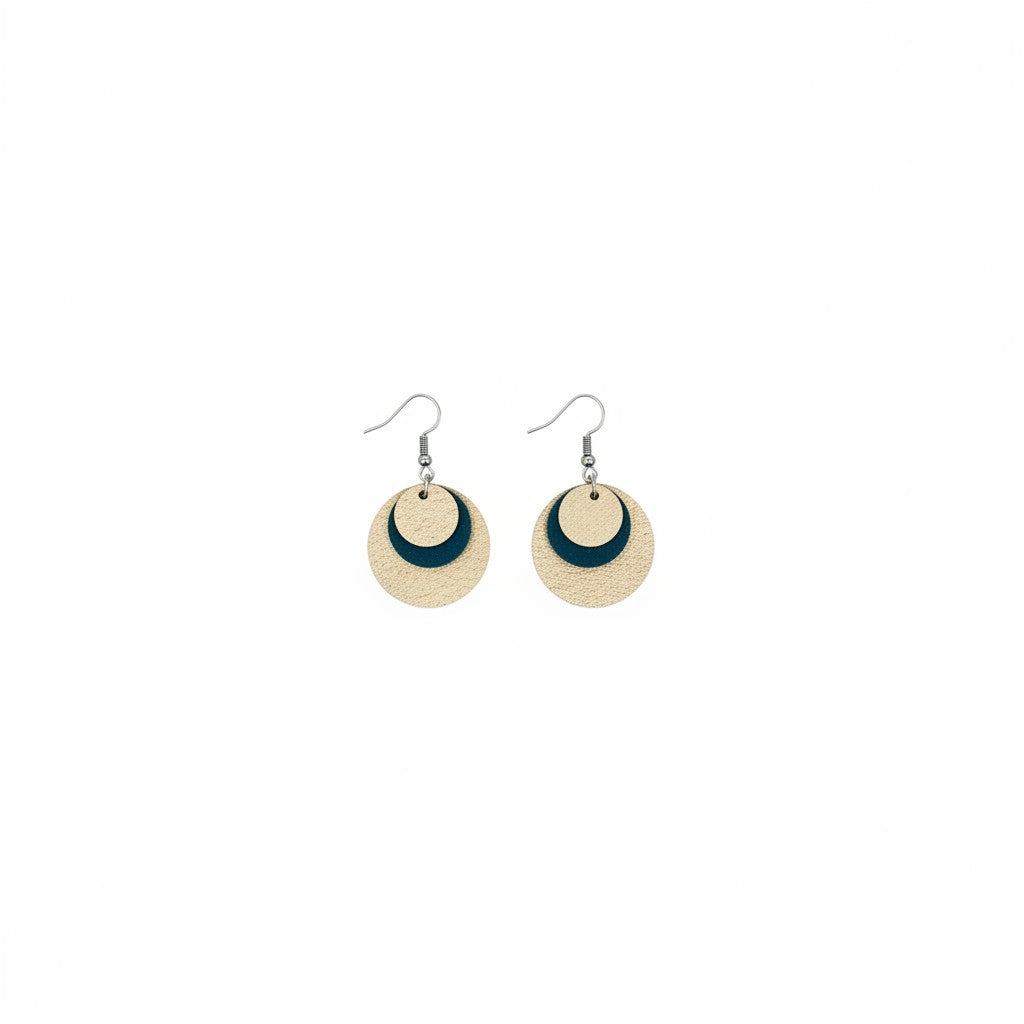 Creamy Camel & Dark Teal Double Circle Leather Earrings