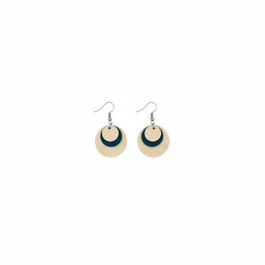 Creamy Camel & Dark Teal Double Circle Leather Earrings