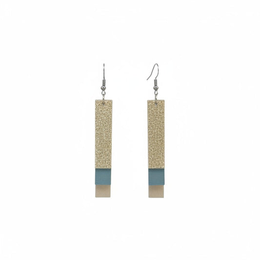 Champagne Blue and Linen Layered Bar Leather Earrings