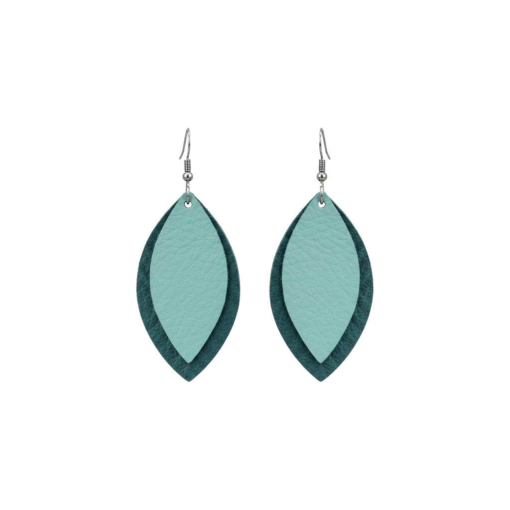Two-Tone Turquoise Layered Leaf Leather Earrings