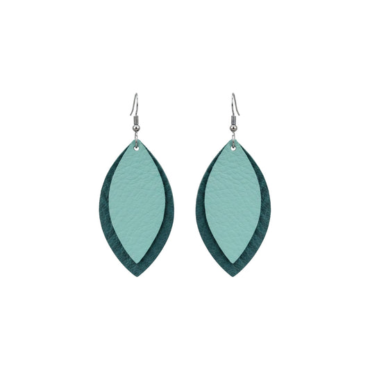 Two-Tone Turquoise Layered Leaf Leather Earrings