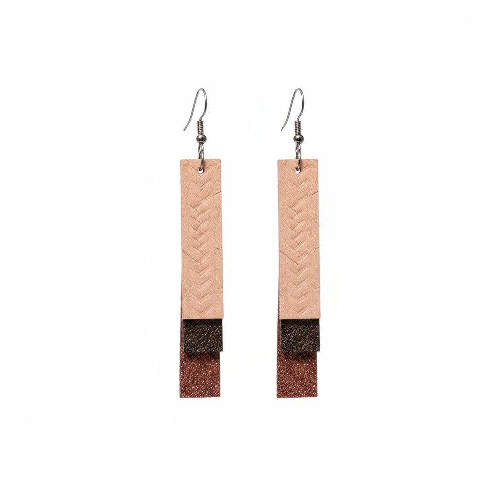 Coral Salmon and Chocolate Layered Bar Leather Earrings