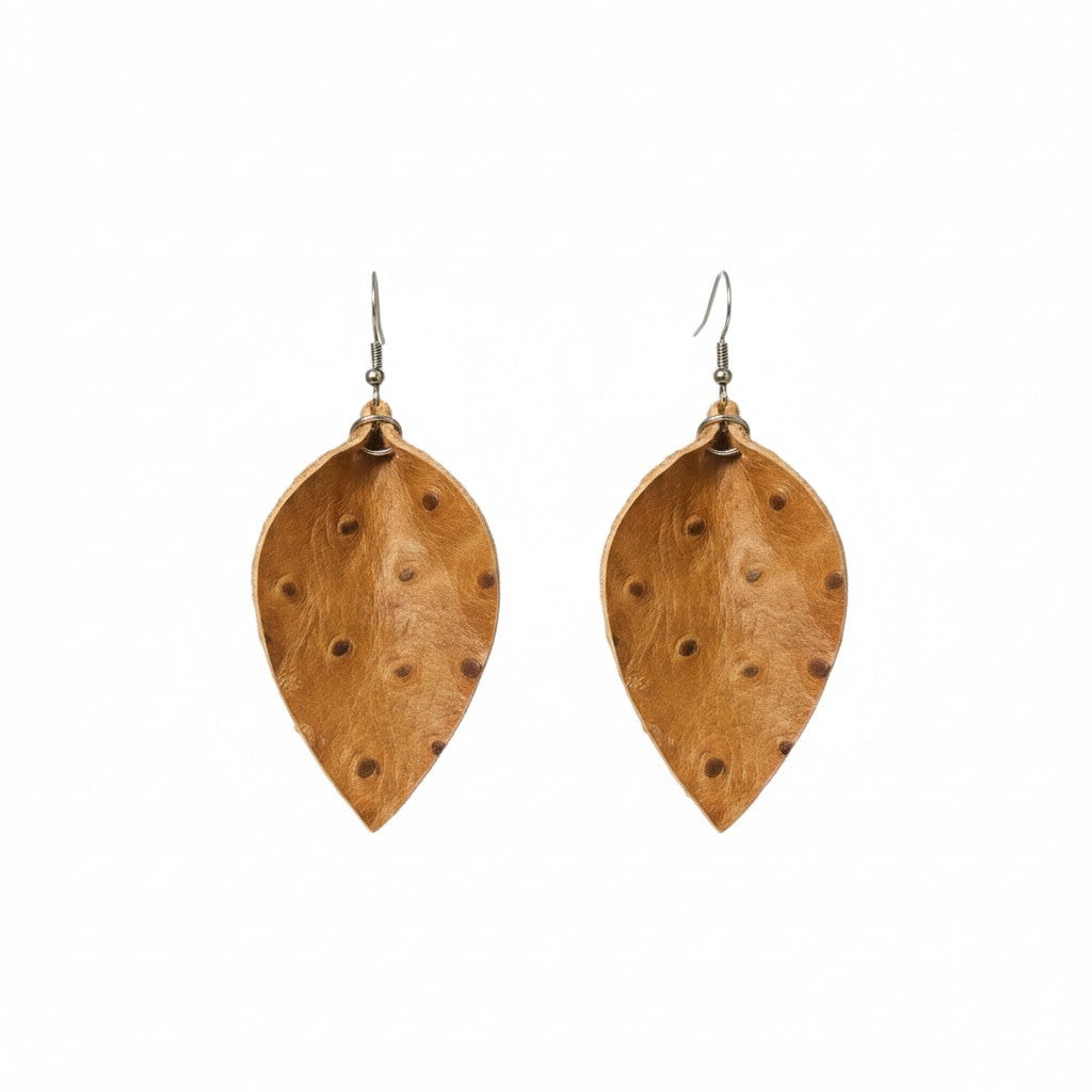 Pecan Rustic Ostrich Leaf Leather Earrings