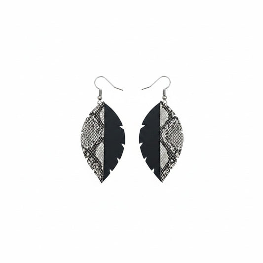 Black and Taupe Snake Layered Leather Earrings