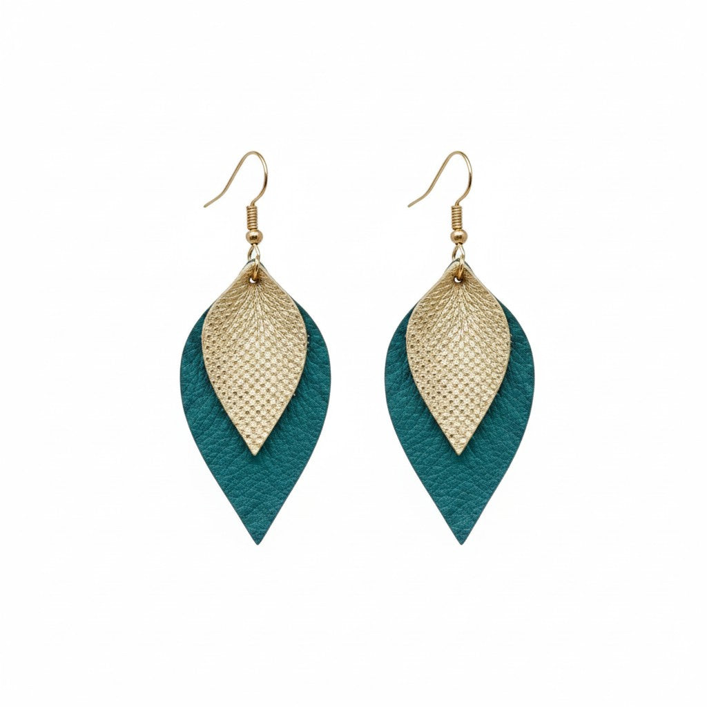 Dark Turquoise and Gold Layered Leaf Leather Earrings