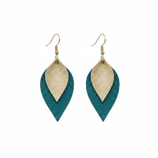 Dark Turquoise and Gold Layered Leaf Leather Earrings
