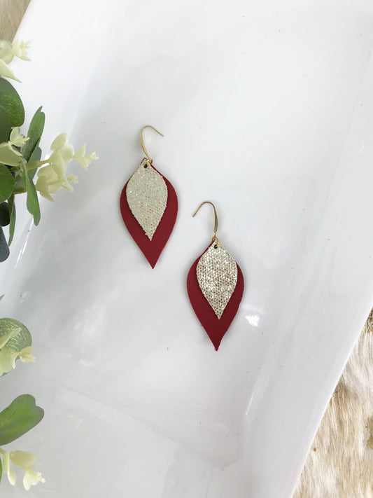 Bright Red Golden Metallic Glitter Leather Earrings - E19-826