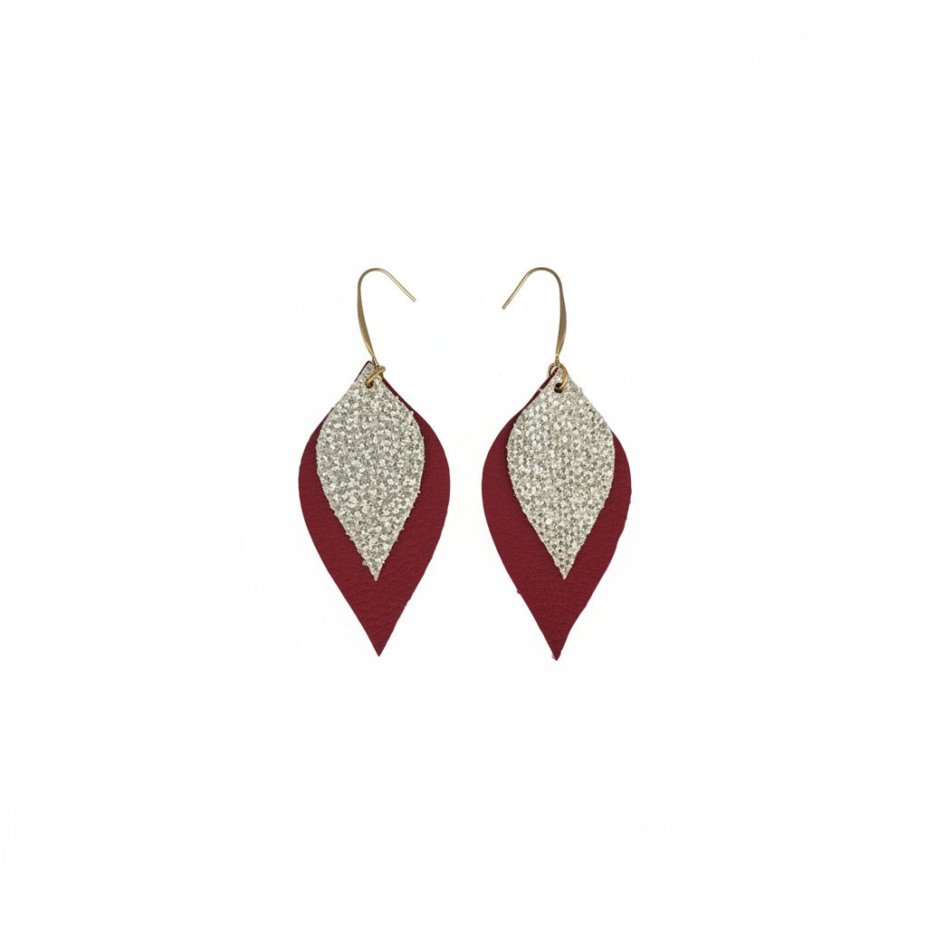 Bright Red & Golden Glitter Layered Leather Earrings