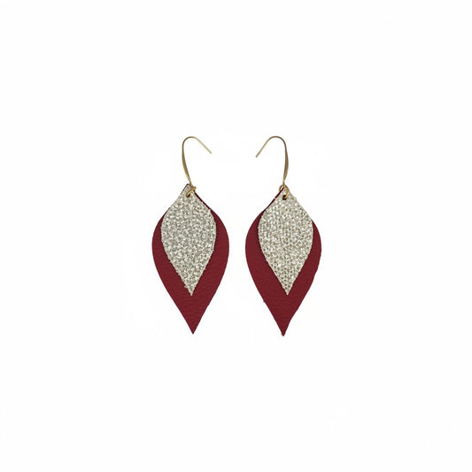 Bright Red & Golden Glitter Layered Leather Earrings