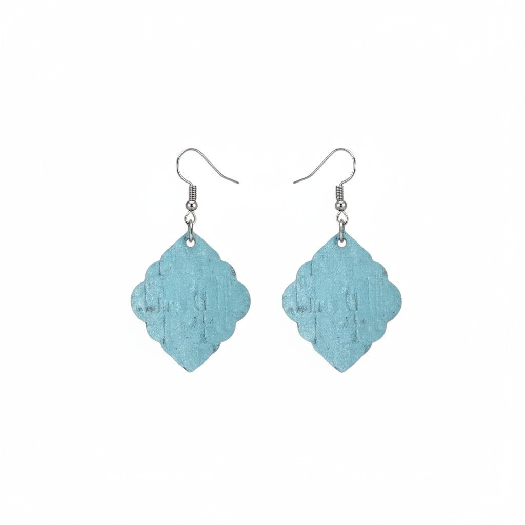 Pearlized Turquoise Scalloped Cork Leather Earrings
