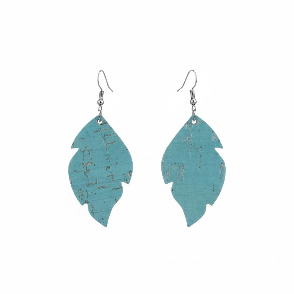 Pearlized Turquoise Cork Leaf Leather Earrings