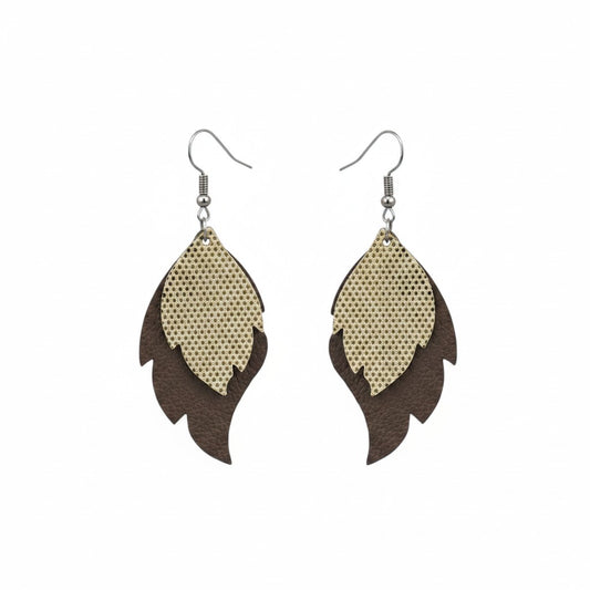 Chocolate Brown and Gold Layered Leaf Leather Earrings