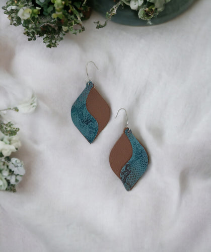 Genuine Brown Leather and Turquoise Snake Leather Earrings - E19-844