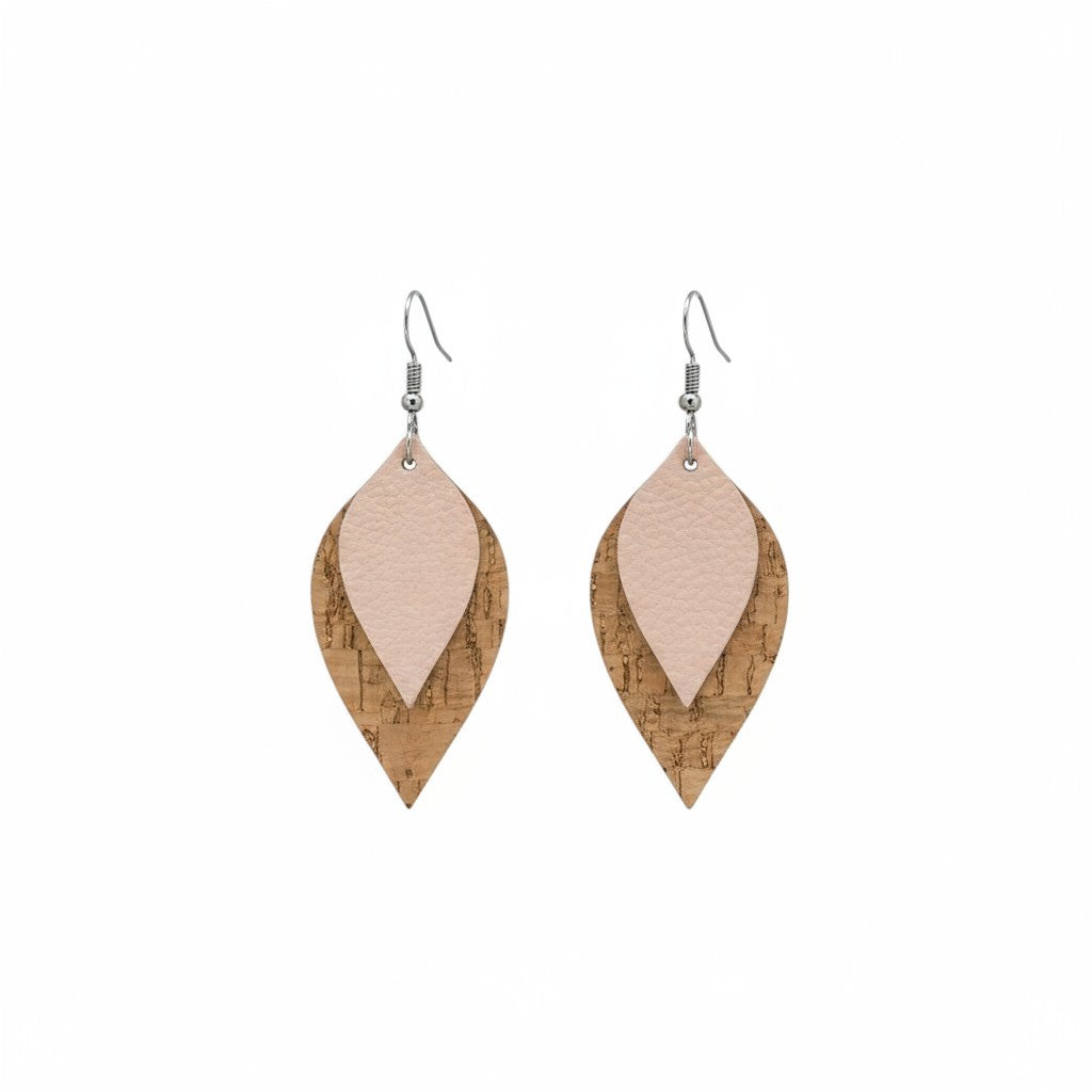 Flesh Pink and Cork Layered Leaf Leather Earrings