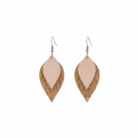 Flesh Pink and Cork Layered Leaf Leather Earrings