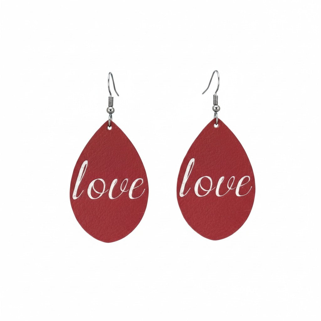 Red Love Teardrop Leather Earrings