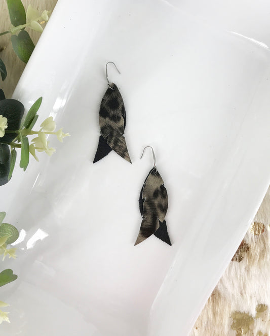 Black and Grey Smooth Leopard Leather Earrings - E19-852