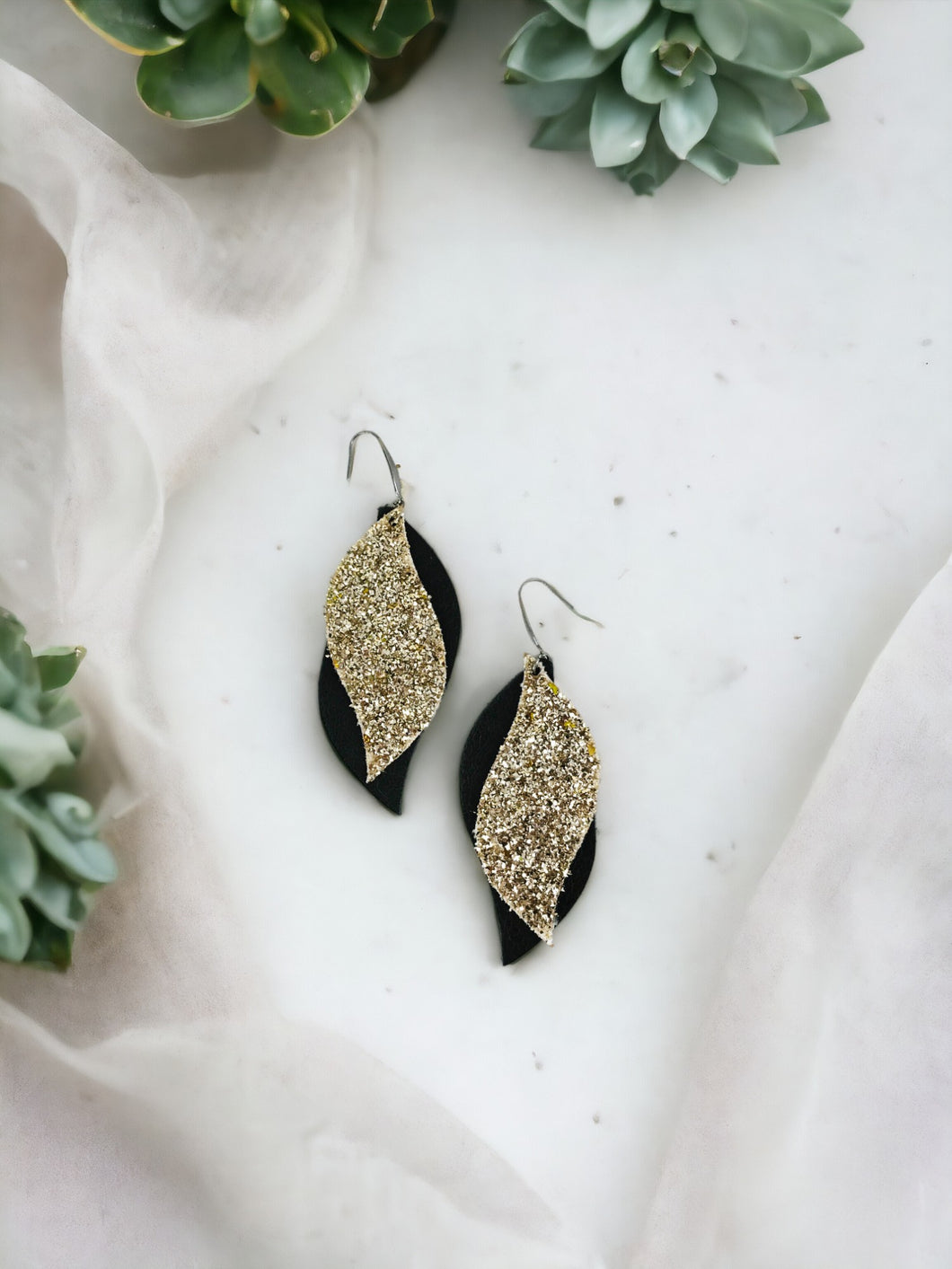 Brown Genuine Leather and Chunky Glitter Earrings - E19-853