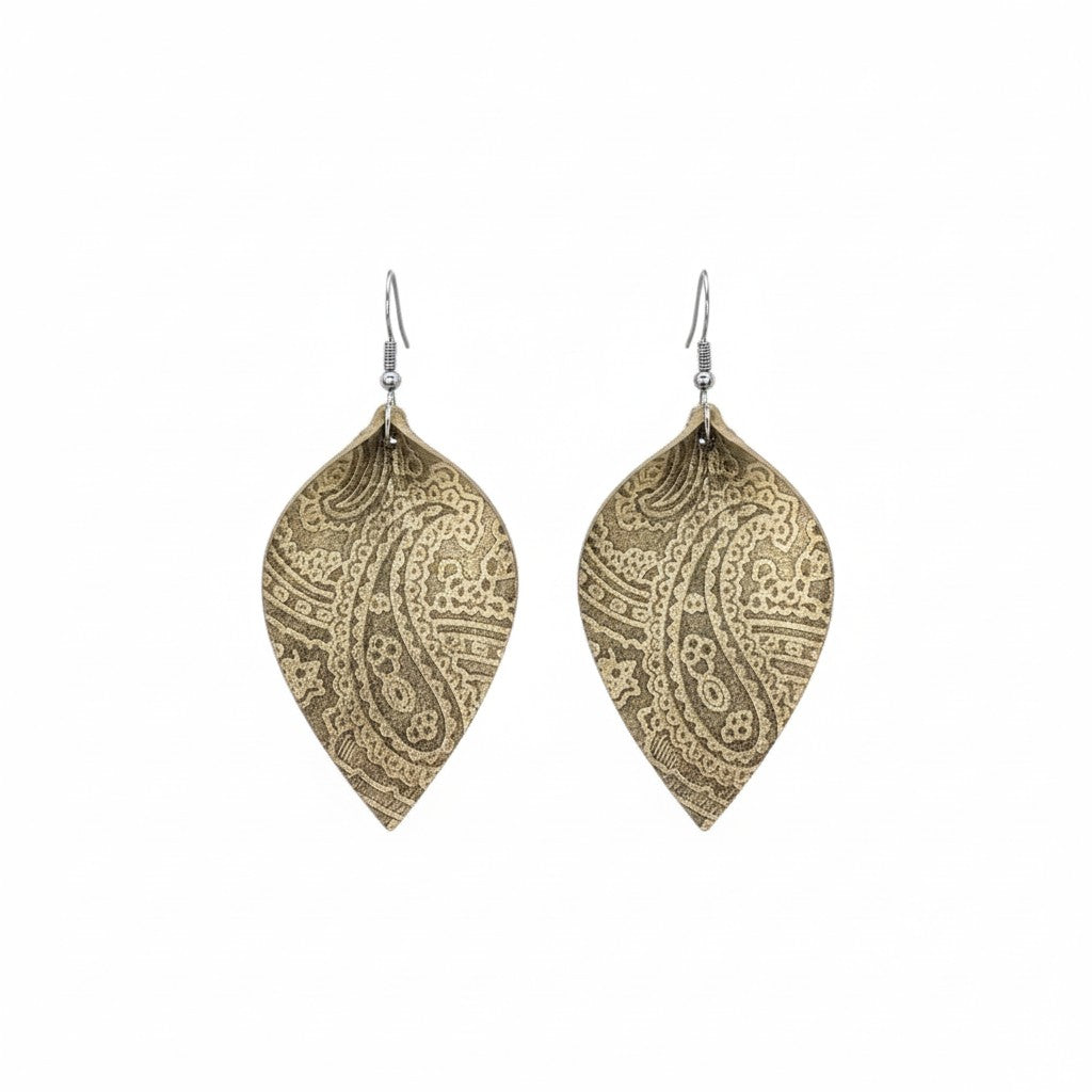Antique Gold Floral Leaf Leather Earrings