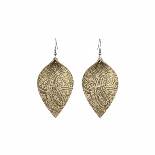 Antique Gold Floral Leaf Leather Earrings