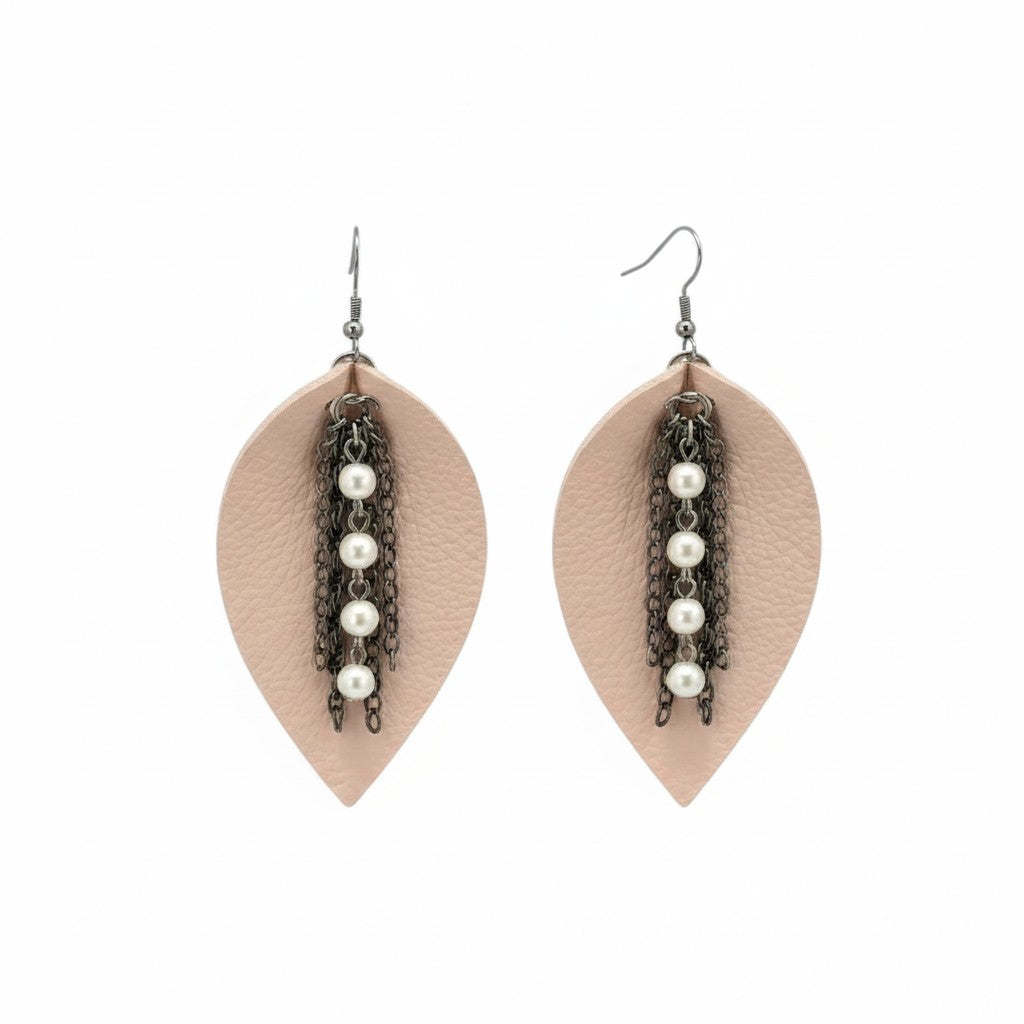 Flesh Pink Leaf Leather Earrings with Chain Accent