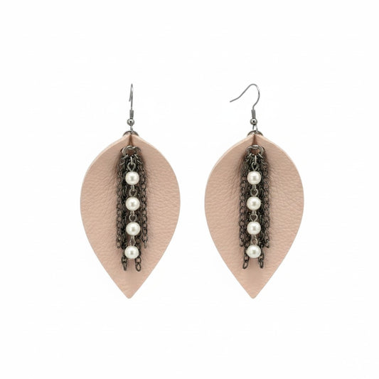 Flesh Pink Leaf Leather Earrings with Chain Accent