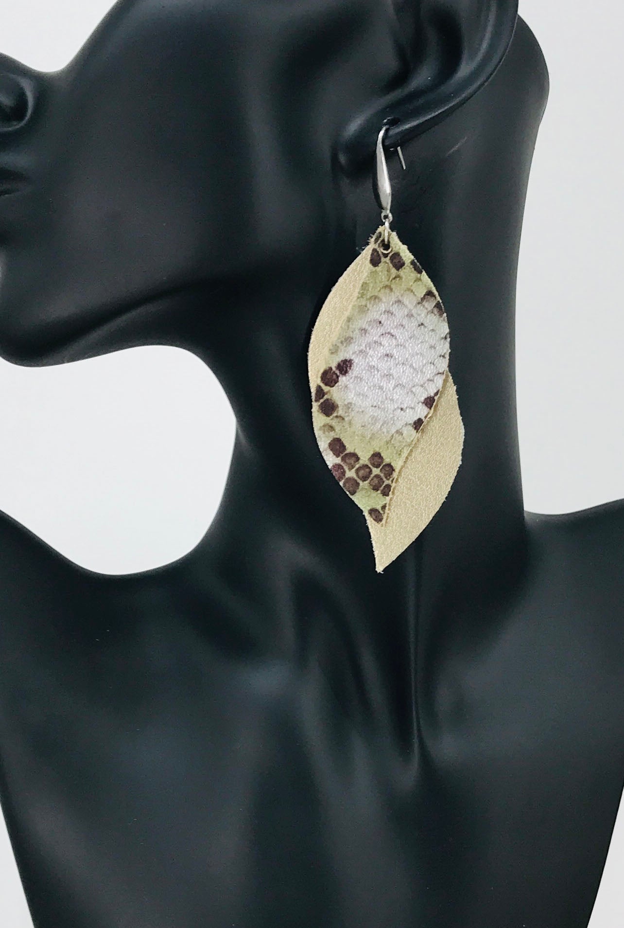 Metallic Gold and Brown Snake Layered Leather Earrings