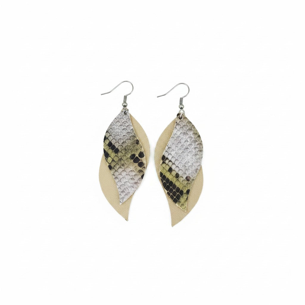 Metallic Gold and Brown Snake Layered Leather Earrings